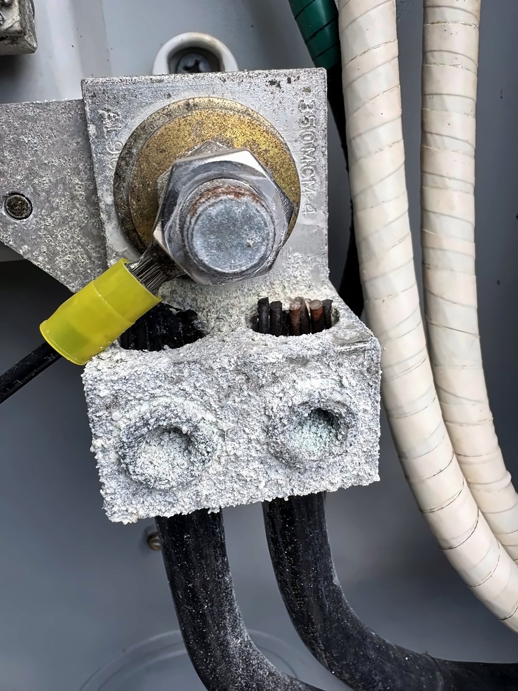 Corroded service lug on an electrical panel, found during a repair