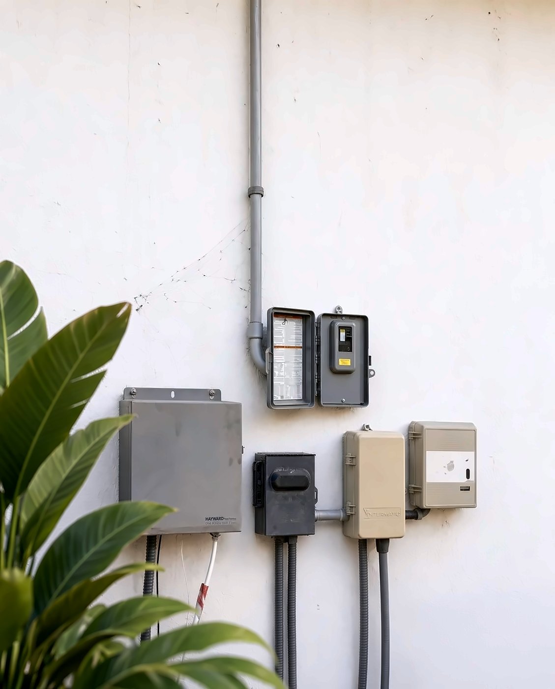 Exterior wall with a new heat pump disconnect and pool equipment controls
